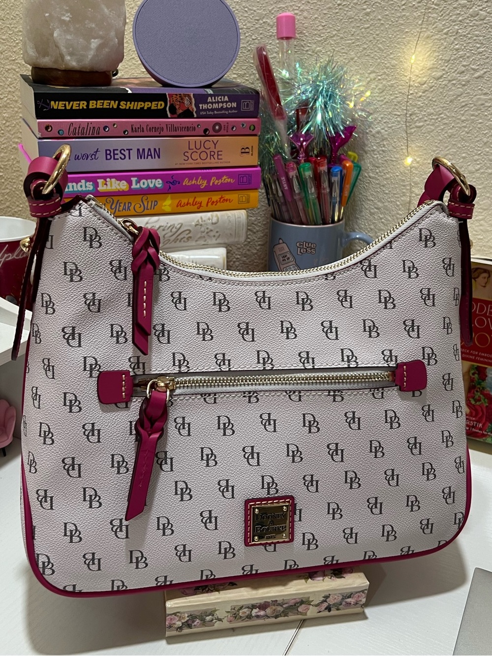 RARE Dooney Bourke White Monogram Shoulder Bag with Pink Trim w/ Matching Wallet